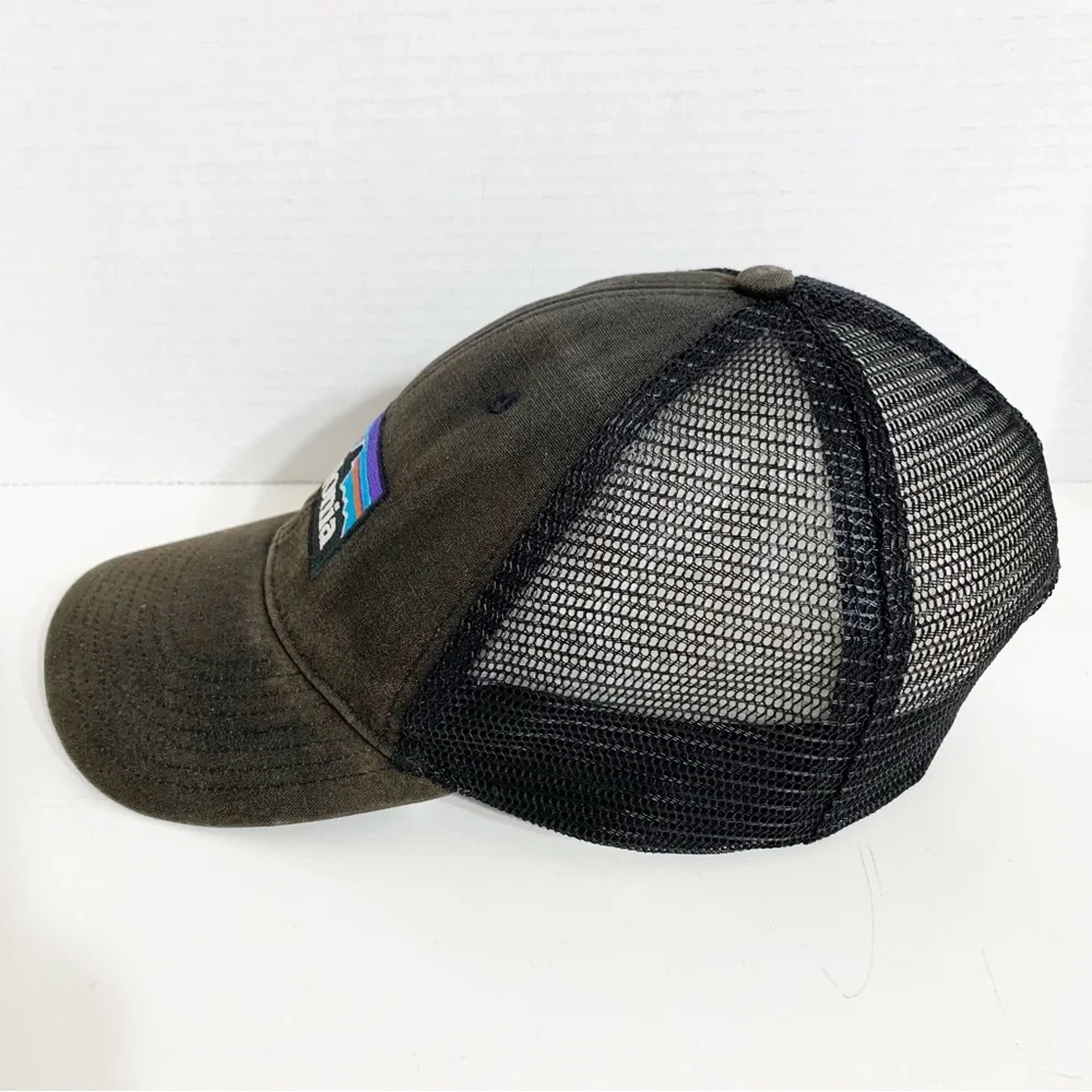 Patagonia Logo Faded Trucker Style Hat Cap Black Mesh Snapback Adjustable Back